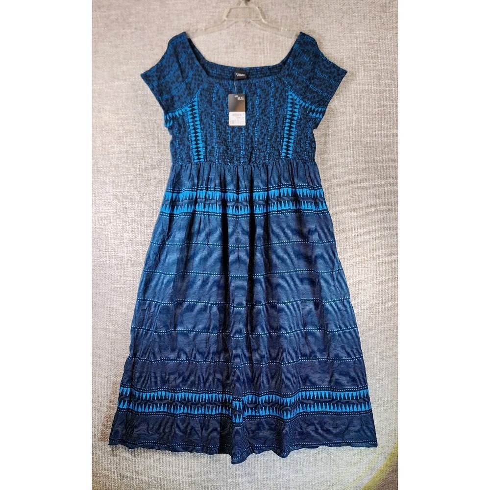 Ulla Popken Smocked Midi Dress Womens 16/18 Black Blue Aztec Print Embroidered